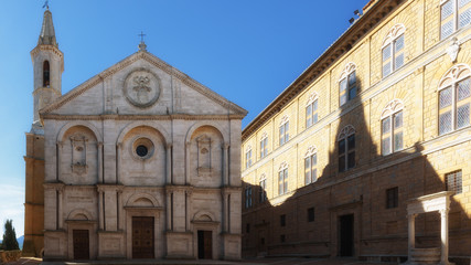 Fototapeta na wymiar Famous square in front of Duomo in Pienza, ideal Tuscan town, It