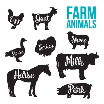 Black contour farm animals with a white inscription inside, set of different animals, cattle, poultry, horned animal, domestic goose, food, animal outline for the product