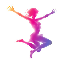 Fototapeta na wymiar Abstract mock up composition of colorful silhouette of slim girl jumping with hands up. 