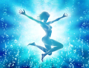 Fototapeta na wymiar Girl diving in water with hands up. Vector illustration.