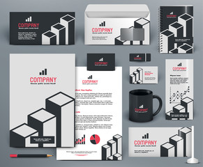 Professional  branding design kit  with graphs for investment, financial corp. Gray, white, red, black colors. Premium corporate identity template. Business stationery mock-up with logo.