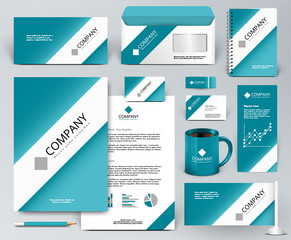 Professional universal branding design kit. White tape, ribbon on blue backdrop. Corporate identity template. Business stationery mock-up. Editable vector illustration: folder, cup, etc.