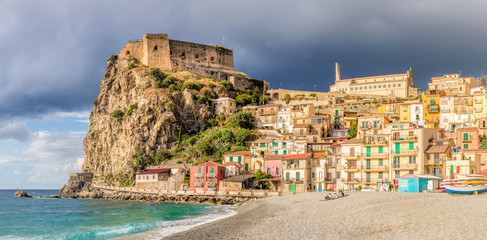 Beach of Scilla with Castello Ruffo, Calabria, Italy - obrazy, fototapety, plakaty