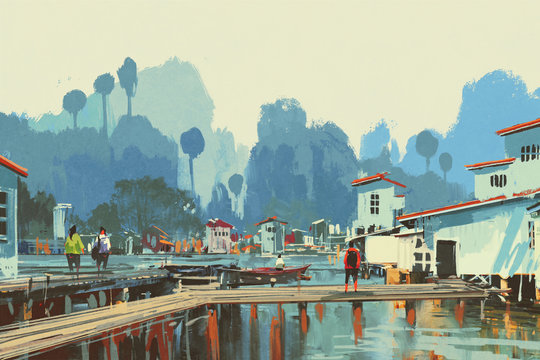 landscape painting of river village,illustation