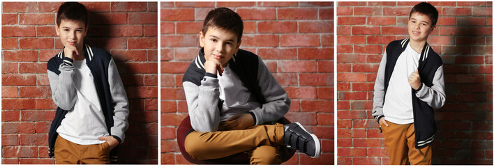 Fashion collage. Cute little boy standing near brick wall