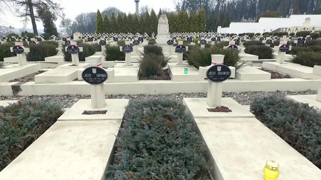 Polish Grave in Lviv. White Crosses and Flowers on the Graves. the Camera Flies Over the Graves of Those Killed in the War Poles. the Crosses Are Decorated With Penta Polish Flag. Grey Sad Weather.