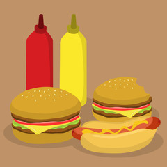 Fast Food Burger and Hotdog. Burger with meat tomato cheese lettuce, hotdog with sausage mustard, ketchup bottle, and mustard bottle in brown background.