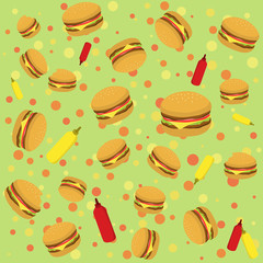 Seamless pattern vector illustration of Burger with tomato sauce and mustard in dotted green background
