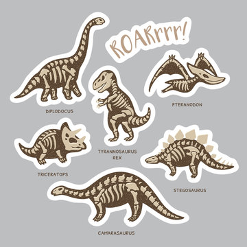 Sticker set of dinosaur skeletons in cartoon style