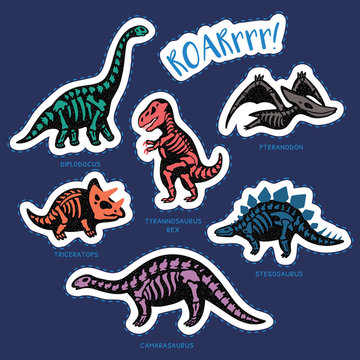 Sticker set of dinosaur skeletons in cartoon style