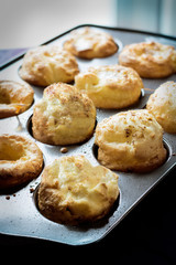 Freshly baked yorkshire pudding in a pan