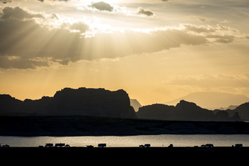 Camping out over the Lake Powell sunset near Page, Arizona. - obrazy, fototapety, plakaty