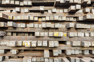 Stack of steel billet products in the steel plant