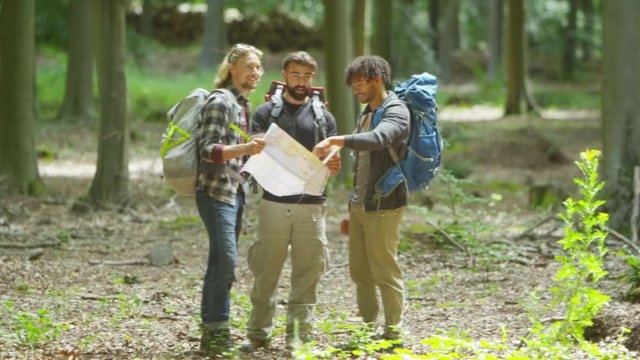  Group of male friends hiking in the woods looking at map and trying to find their way. 