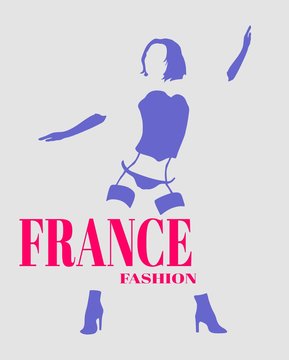 Sexy woman silhouette, underwear fashion. France fashion text.