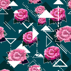 Seamless florals pattern background with pink roses and white ge