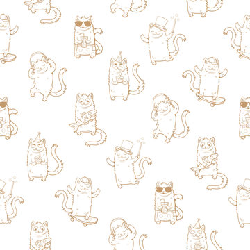 Seamless pattern with cute cartoon cats on a white background. Funny kitten in different poses. Children's illustration. Vector image.