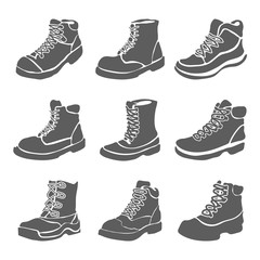 Set of nine different boots illustration isolated on white background