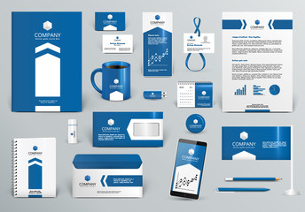 Professional blue branding design kit with arrow for real estate/investment. Premium corporate identity template. Business stationery mock-up. Editable vector illustration: folder, cup, etc. - obrazy, fototapety, plakaty