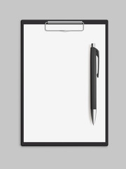 Empty blank clipboard with pen on gray background. Realistic vector illustration.