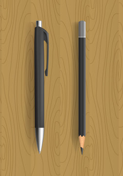 Black pencil and pen on wooden table. Vector illustration. Pensil and pen realistic for idetity design.