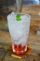 Raspberry soda, soft drink dressing with mint.