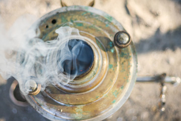 Russian vintage copper samovar with smoke