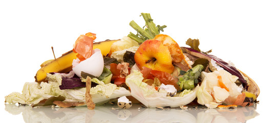 Pile of rotting food waste is isolated on  white background.