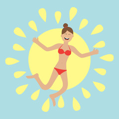 Young woman wearing swimsuit jumping.  Sun shining icon. Summer time. Happy girl jump. Cartoon laughing character in red swimming suit. Smiling woman in bikini bathing suit. Blue background. Flat
