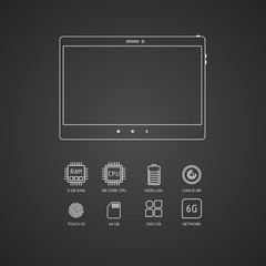 Tablet specification flat line icons. Gadget descript