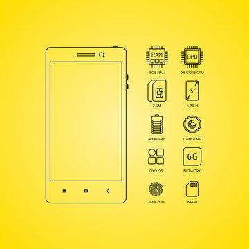 Smartphone specification flat line icons. Gadget descript