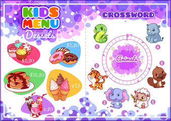 Kids Menu for desserts with round crossword.