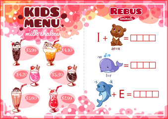 Kids Menu for milk shakes with rebus game.