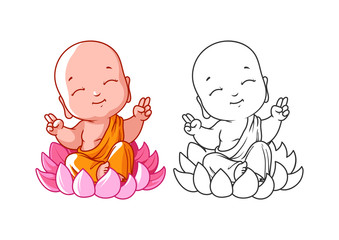 Little cartoon monk on the lotus. Page for coloring book.