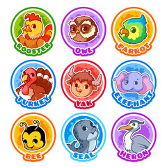 Set of round stickers with cute animals.