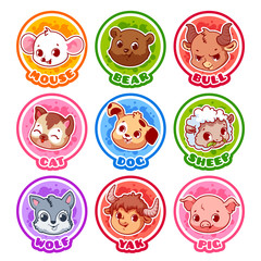 Set of round stickers with cute animals.