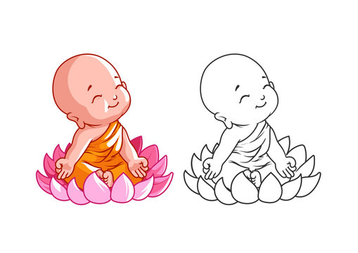 Little cartoon monk on the lotus. Page for coloring book.