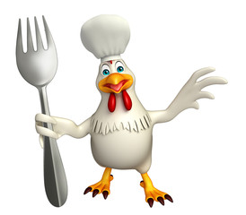 Hen cartoon character with chef hat and spoons