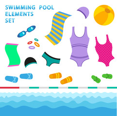 Swimming pool elements - flat style vector set.