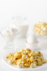 Popcorn, eggs, cheese and milk.