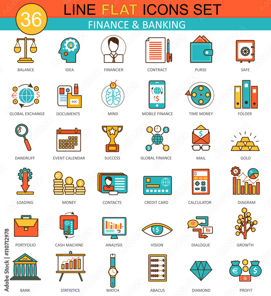 Poster Vector Finance and banking flat line icon set. Modern elegant style design  for web.