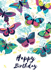 Congratulation card Happy Birthday with flying colorful butterflies