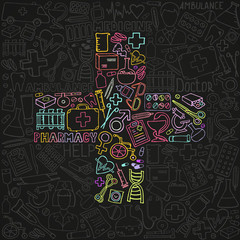 Health care and medicine icon set. Vector doodle illustrations.