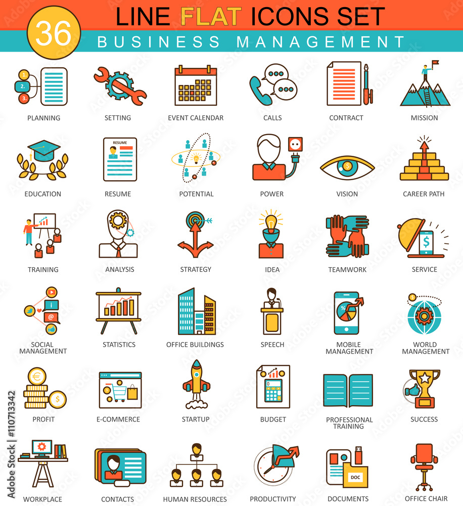 Aufkleber vector business management flat line icon set. modern elegant style design for web.