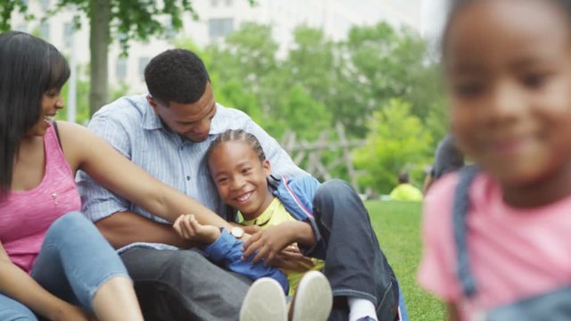  Portrait of attractive smiling African American family having fun in the park. 