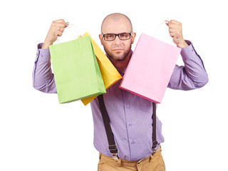 man  with colorful shopping paper bags