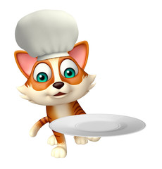 cat cartoon character with chef hat and dinner plate
