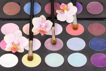 Eyeshadow palette cosmetic brushes for makeup and orchid flowers.
