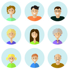 Set of people icons in flat style with faces. Vector women, men character