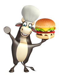 Bull cartoon character with chef hat and burger